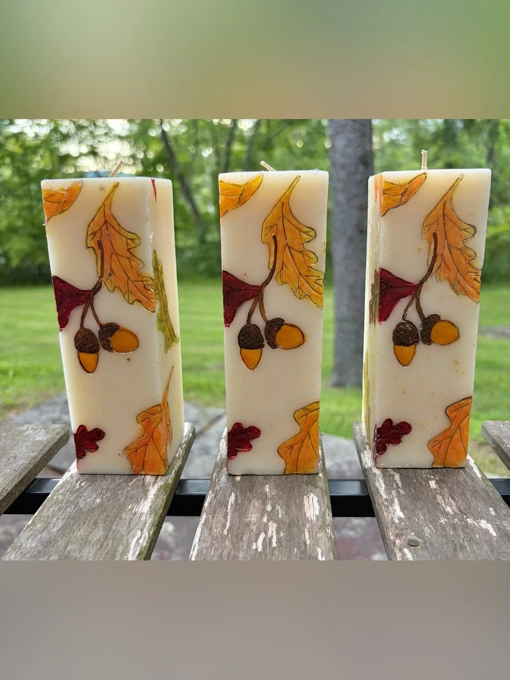 3 Handcrafted Autumn Acorn Pillar Candle - Cream and Orange. Bill Blass